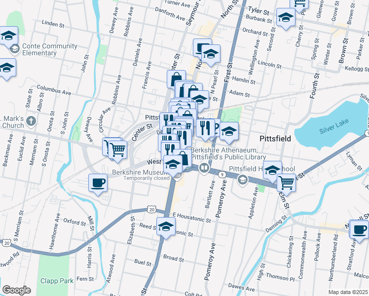 map of restaurants, bars, coffee shops, grocery stores, and more near in Pittsfield
