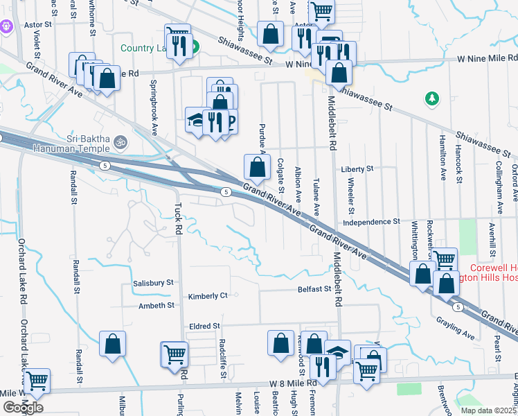 map of restaurants, bars, coffee shops, grocery stores, and more near 29805 Grand River Avenue in Farmington Hills