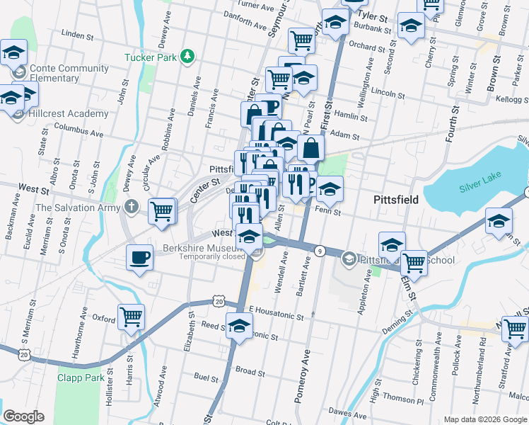 map of restaurants, bars, coffee shops, grocery stores, and more near 74 North Street in Pittsfield