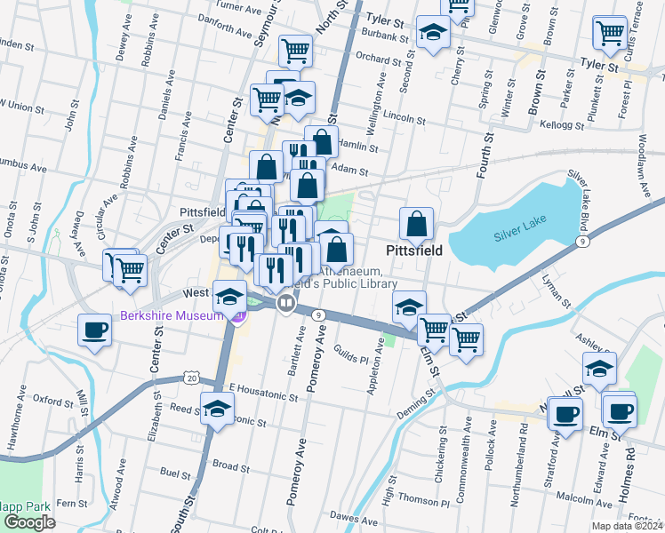 map of restaurants, bars, coffee shops, grocery stores, and more near 212 Fenn Street in Pittsfield