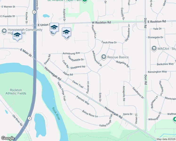 map of restaurants, bars, coffee shops, grocery stores, and more near 1232 Sheppard Road in Rockton