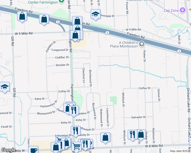 map of restaurants, bars, coffee shops, grocery stores, and more near 21507 Riverwalk Court in Farmington Hills