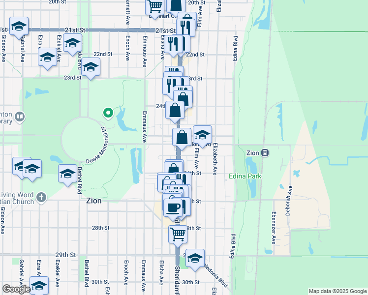 map of restaurants, bars, coffee shops, grocery stores, and more near 1131 Shiloh Boulevard in Zion
