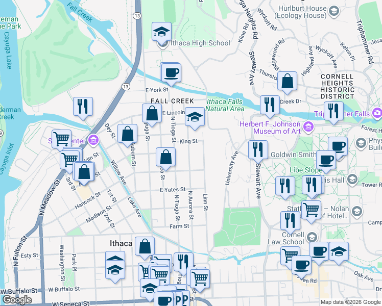 map of restaurants, bars, coffee shops, grocery stores, and more near 209 King Street in Ithaca