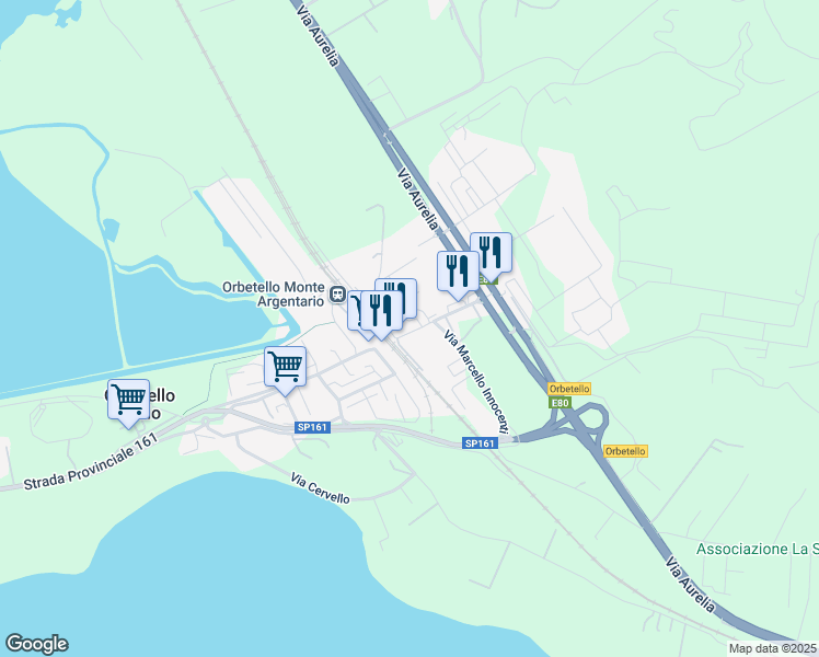 map of restaurants, bars, coffee shops, grocery stores, and more near 17I Via Giancarlo Pantini in Orbetello Scalo