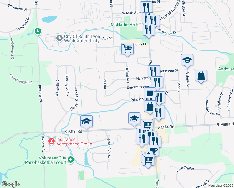 map of restaurants, bars, coffee shops, grocery stores, and more near 341 University Avenue in South Lyon