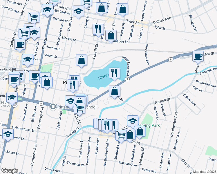 map of restaurants, bars, coffee shops, grocery stores, and more near 727 East Street in Pittsfield