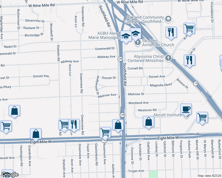 map of restaurants, bars, coffee shops, grocery stores, and more near 18136 Magnolia Avenue in Southfield
