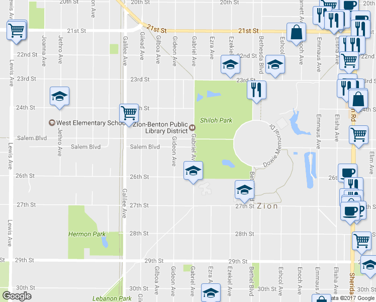 map of restaurants, bars, coffee shops, grocery stores, and more near 2500 Gabriel Avenue in Zion
