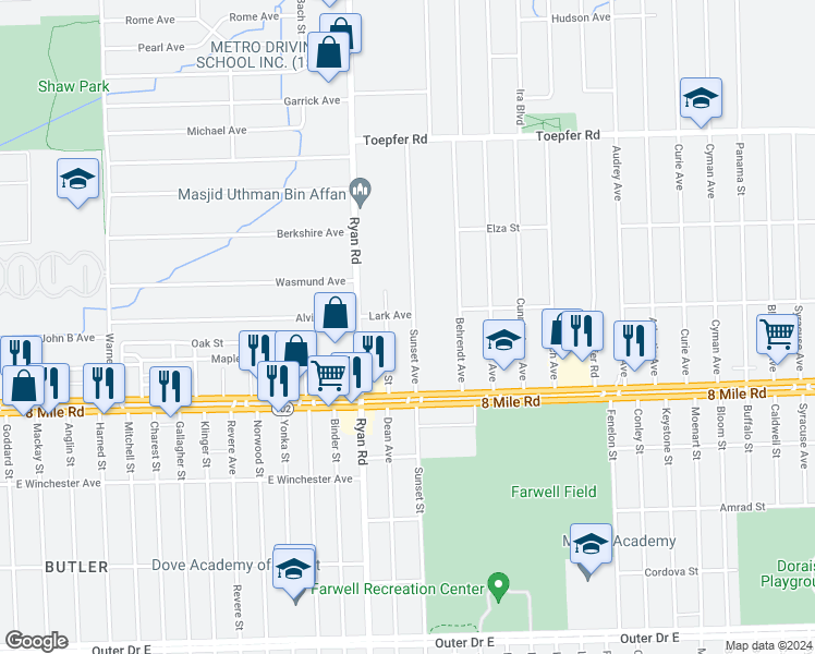 map of restaurants, bars, coffee shops, grocery stores, and more near 20885 Sunset Avenue in Warren