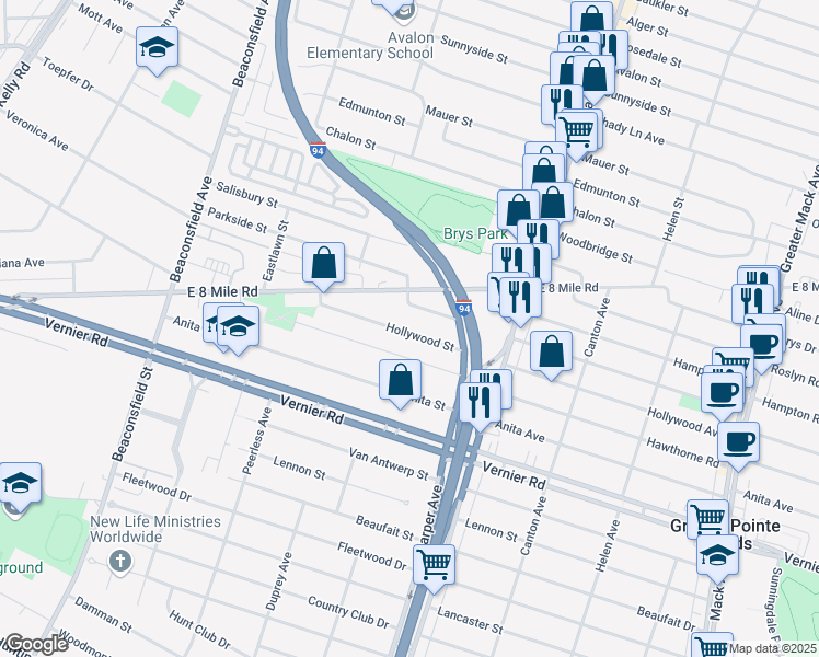 map of restaurants, bars, coffee shops, grocery stores, and more near 20515 Hollywood Street in Harper Woods