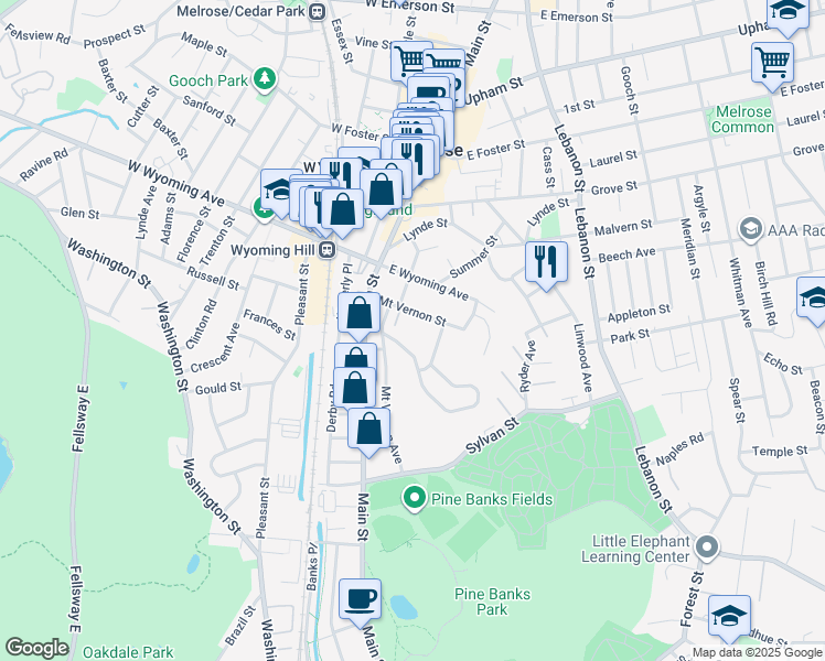 map of restaurants, bars, coffee shops, grocery stores, and more near 48 Mount Vernon Street in Melrose