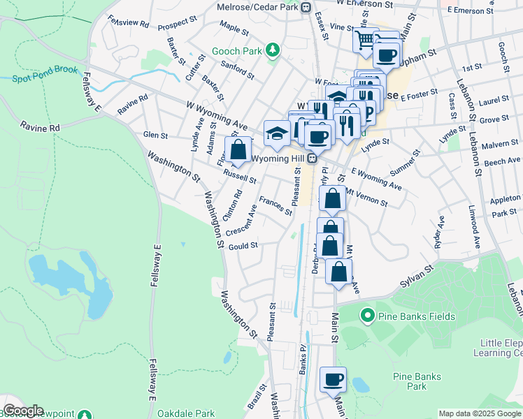 map of restaurants, bars, coffee shops, grocery stores, and more near 80 Crescent Avenue in Melrose