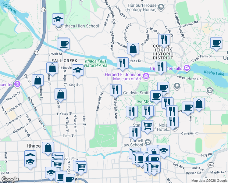map of restaurants, bars, coffee shops, grocery stores, and more near 710 Stewart Avenue in Ithaca
