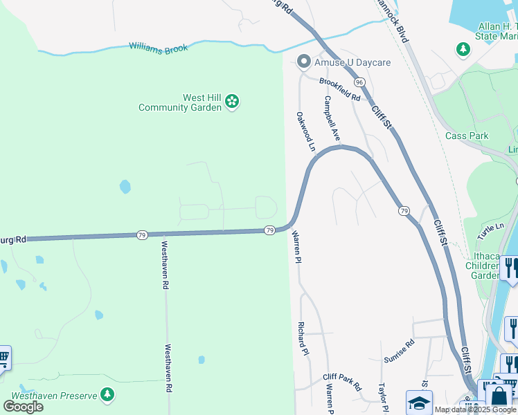 map of restaurants, bars, coffee shops, grocery stores, and more near 101 Conifer Circle in Ithaca