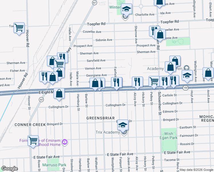 map of restaurants, bars, coffee shops, grocery stores, and more near 12776 Coleen Avenue in Warren