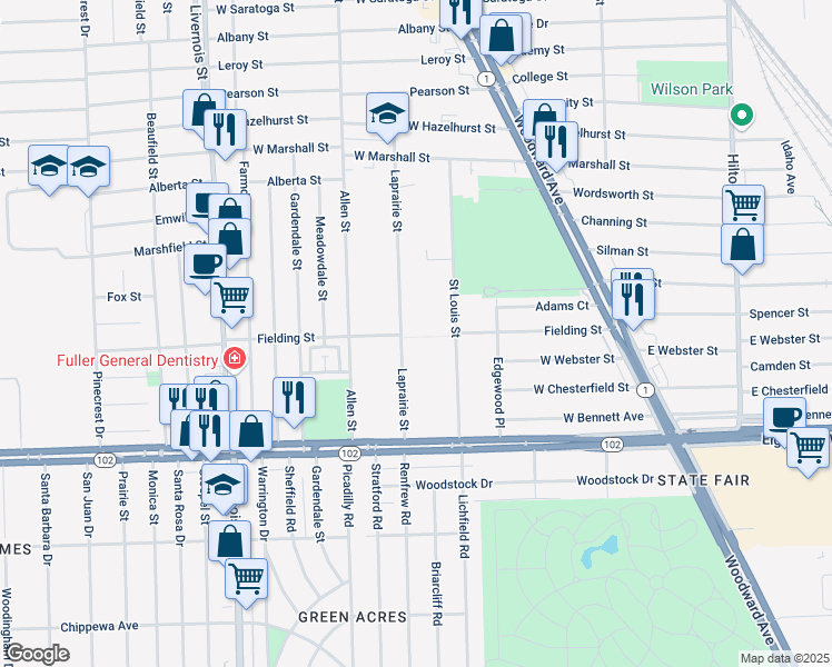 map of restaurants, bars, coffee shops, grocery stores, and more near 529 Saint Louis Street in Ferndale