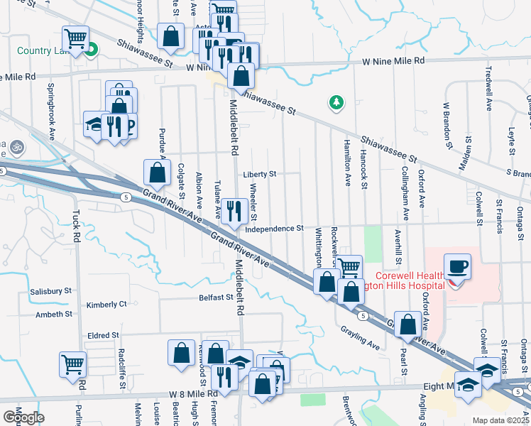 map of restaurants, bars, coffee shops, grocery stores, and more near 21602 Wheeler Street in Farmington Hills