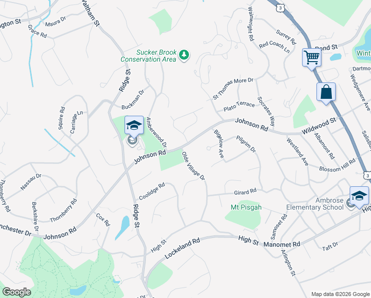 map of restaurants, bars, coffee shops, grocery stores, and more near 55 Johnson Road in Winchester