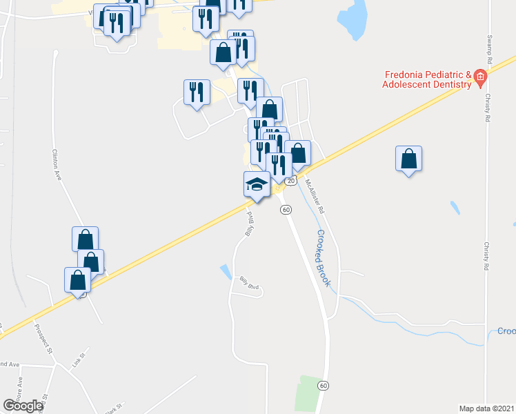 map of restaurants, bars, coffee shops, grocery stores, and more near 425 East Main Street in Fredonia