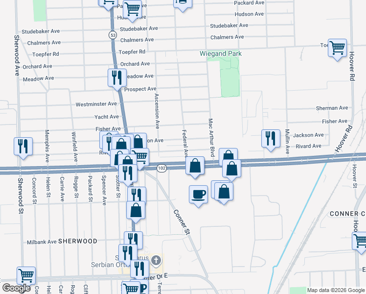 map of restaurants, bars, coffee shops, grocery stores, and more near 8292 Jackson Avenue in Warren
