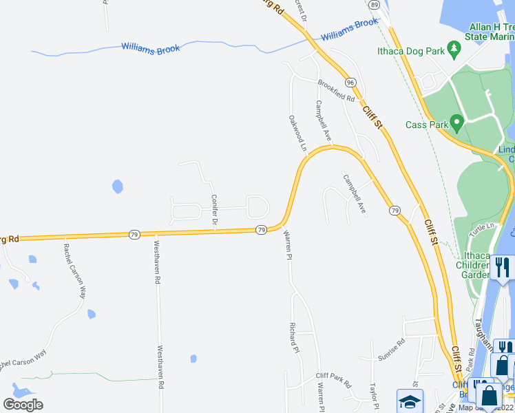 map of restaurants, bars, coffee shops, grocery stores, and more near 101 Conifer Circle in Ithaca