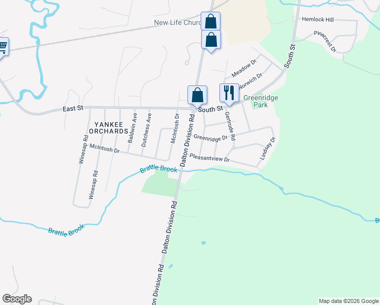 map of restaurants, bars, coffee shops, grocery stores, and more near 54 Dalton Division Rd in Dalton