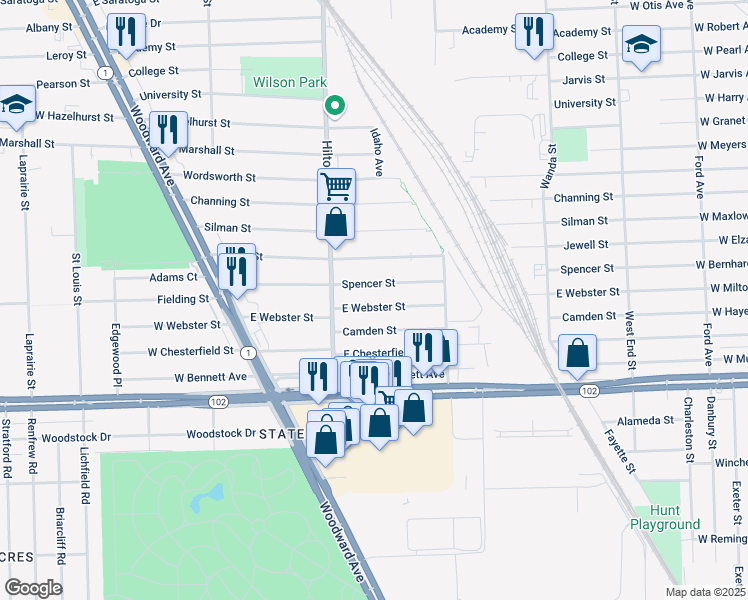 map of restaurants, bars, coffee shops, grocery stores, and more near 540 Spencer Street in Ferndale