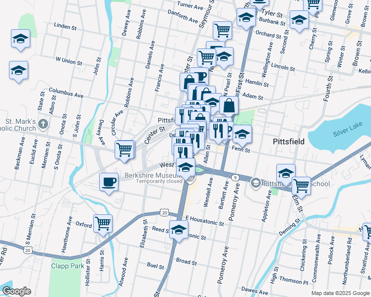 map of restaurants, bars, coffee shops, grocery stores, and more near in Pittsfield