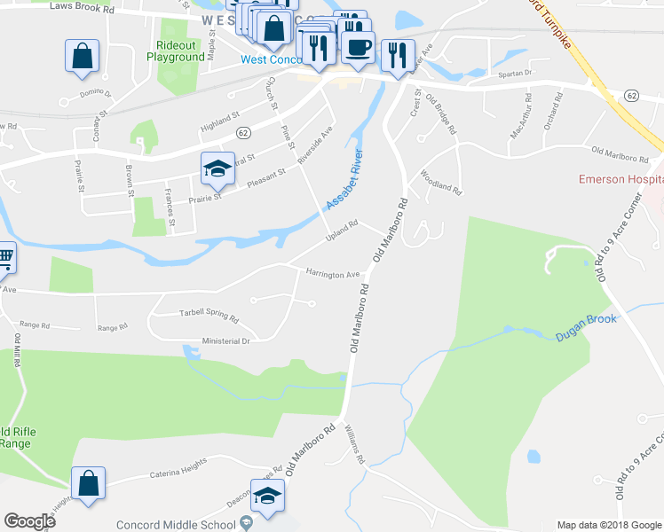 map of restaurants, bars, coffee shops, grocery stores, and more near 561 Harrington Avenue in Concord