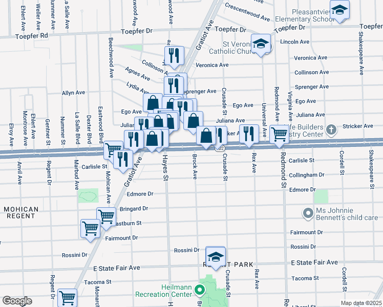map of restaurants, bars, coffee shops, grocery stores, and more near 15308 Michigan 102 in Detroit