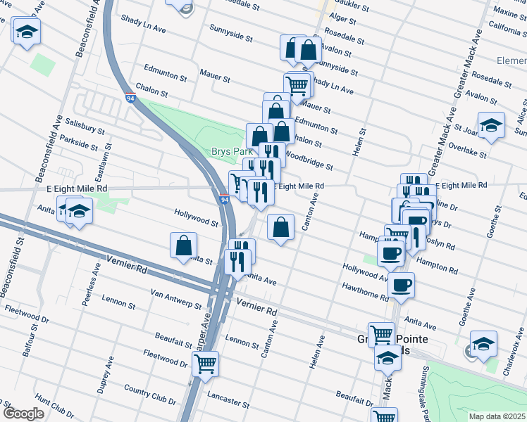 map of restaurants, bars, coffee shops, grocery stores, and more near 20851 Hampton Road in Harper Woods