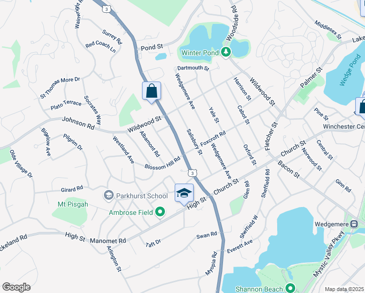 map of restaurants, bars, coffee shops, grocery stores, and more near 145 Cambridge Street in Winchester