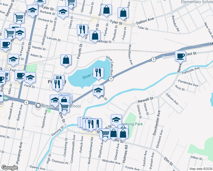 map of restaurants, bars, coffee shops, grocery stores, and more near 768 East Street in Pittsfield