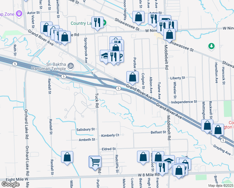 map of restaurants, bars, coffee shops, grocery stores, and more near 30305 Timberidge Circle in Farmington