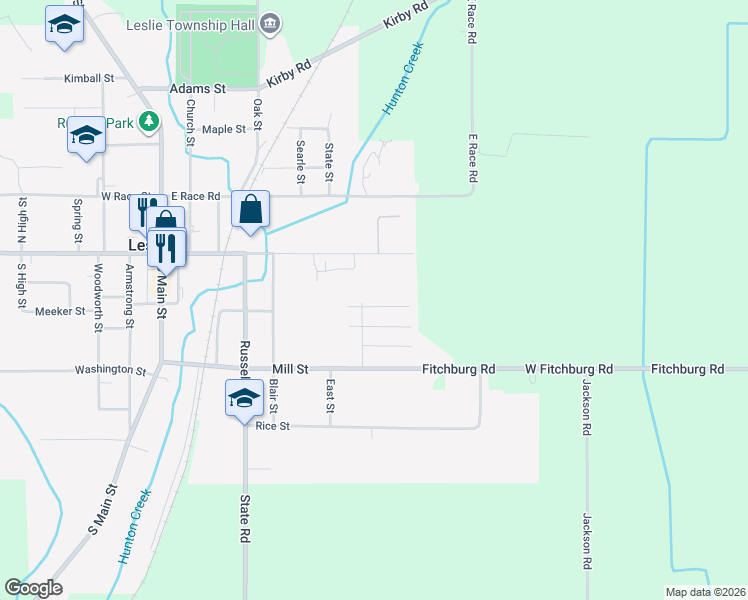 map of restaurants, bars, coffee shops, grocery stores, and more near 74 3rd Street in Leslie