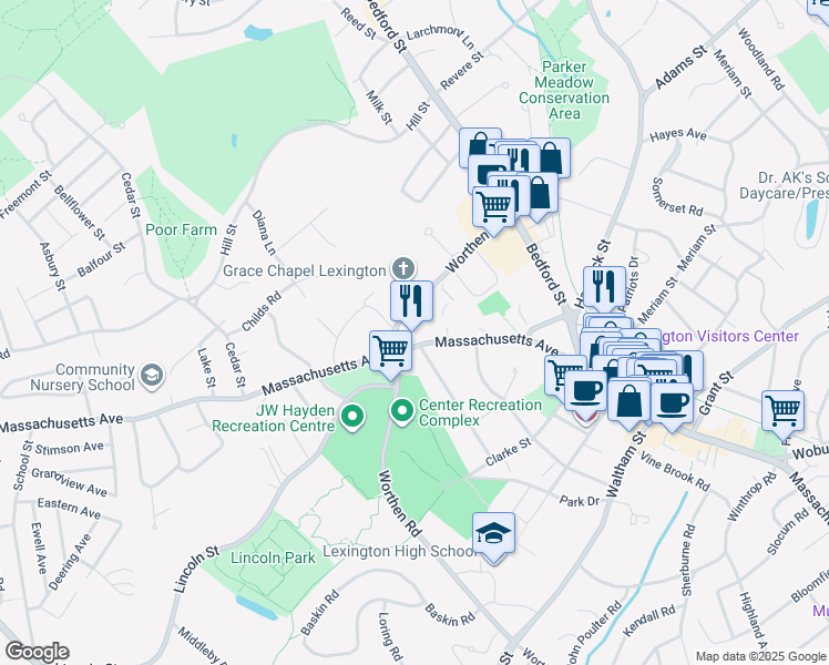 map of restaurants, bars, coffee shops, grocery stores, and more near 2013-2027 Massachusetts Avenue in Lexington