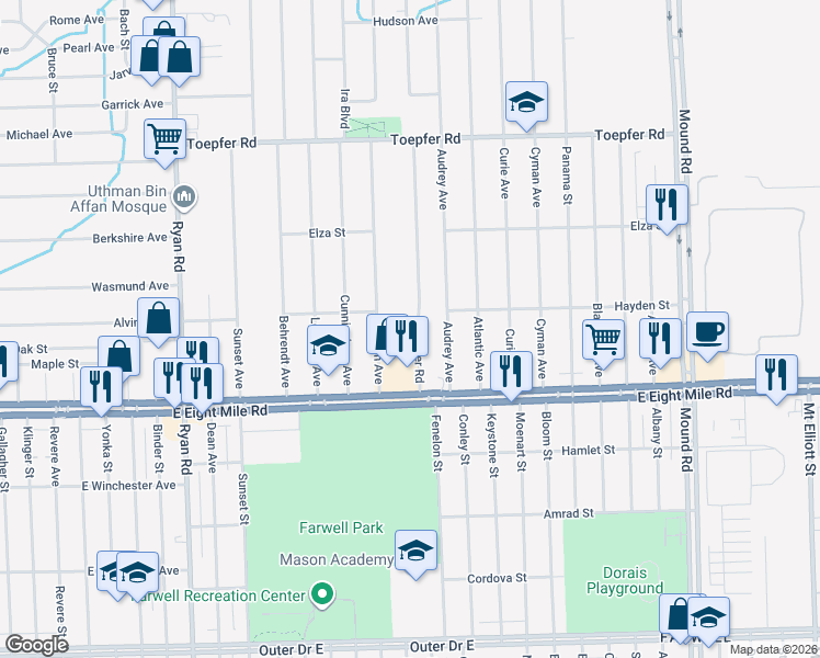 map of restaurants, bars, coffee shops, grocery stores, and more near 20887 Doepfer Road in Warren