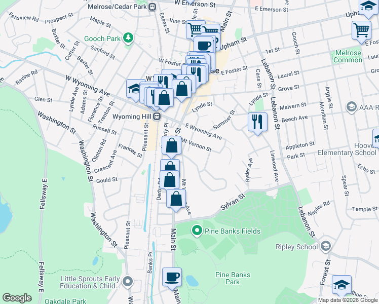 map of restaurants, bars, coffee shops, grocery stores, and more near 27 Fellsview Terrace in Melrose