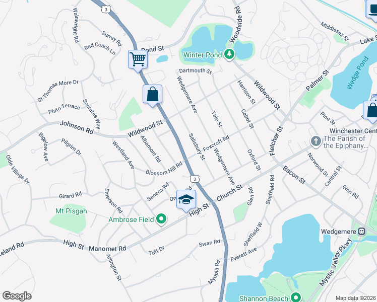map of restaurants, bars, coffee shops, grocery stores, and more near 143 Cambridge Street in Winchester