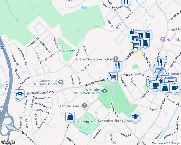 map of restaurants, bars, coffee shops, grocery stores, and more near 23 Hastings Road in Lexington
