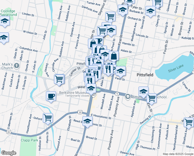 map of restaurants, bars, coffee shops, grocery stores, and more near in Pittsfield