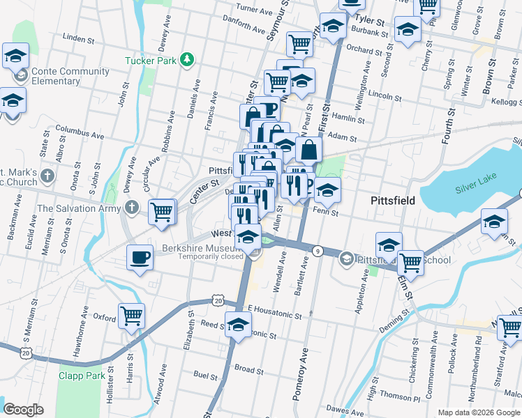 map of restaurants, bars, coffee shops, grocery stores, and more near 74 North Street in Pittsfield