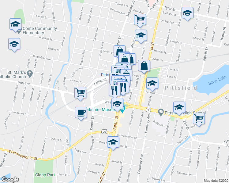 map of restaurants, bars, coffee shops, grocery stores, and more near 24 Mc Kay Street in Pittsfield