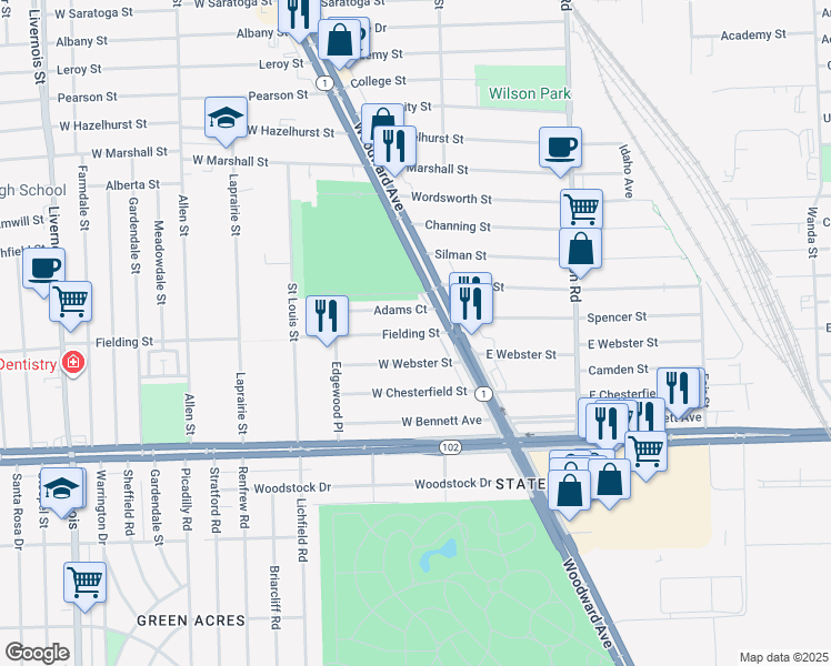 map of restaurants, bars, coffee shops, grocery stores, and more near 224 Fielding Street in Ferndale