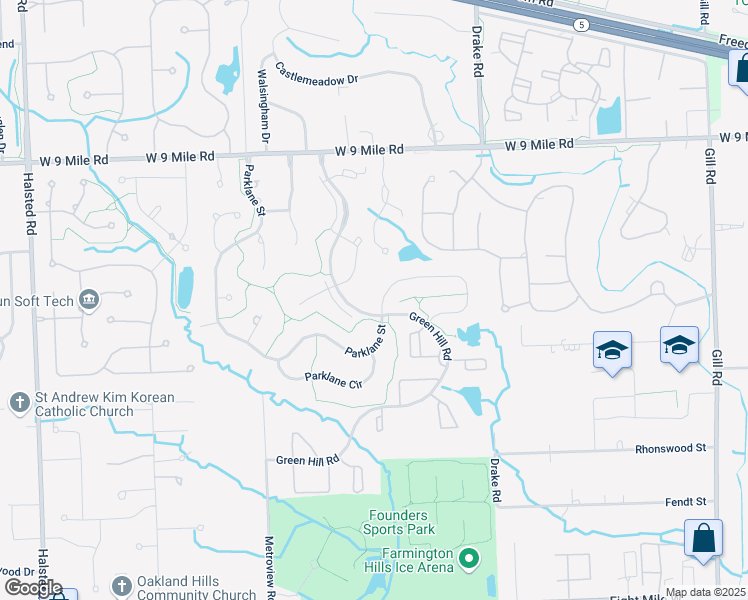 map of restaurants, bars, coffee shops, grocery stores, and more near 21288 Parklane Street in Farmington Hills