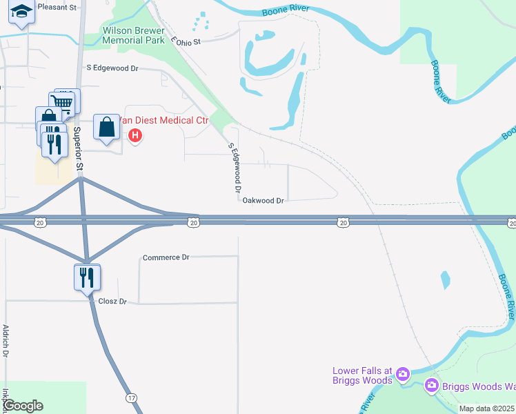 map of restaurants, bars, coffee shops, grocery stores, and more near 400-498 Oakwood Dr in Webster City