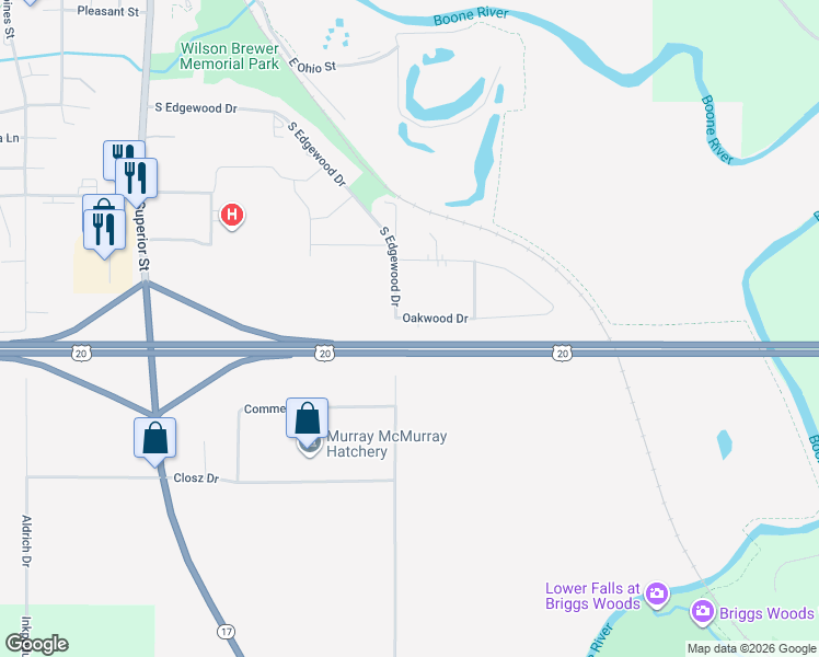 map of restaurants, bars, coffee shops, grocery stores, and more near 400-498 Oakwood Dr in Webster City