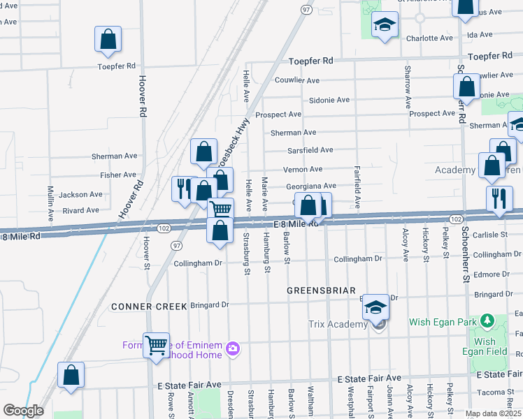 map of restaurants, bars, coffee shops, grocery stores, and more near 20703 Marie Avenue in Warren