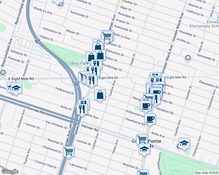map of restaurants, bars, coffee shops, grocery stores, and more near 21714 Roslyn Road in Harper Woods